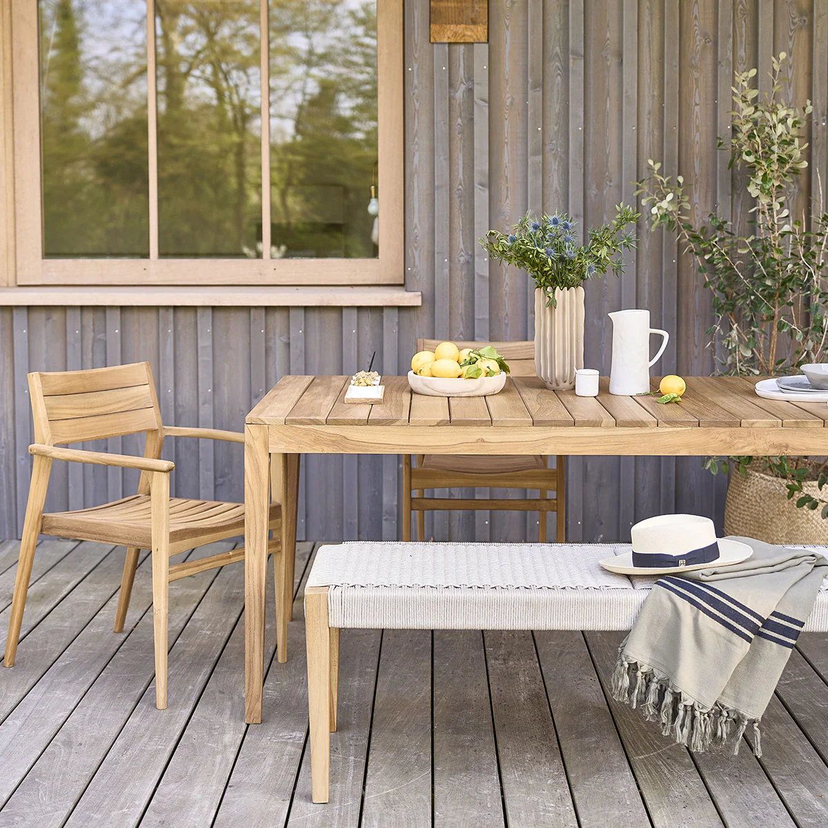 Banc de jardin en teck massif et cordage beige - Image 6