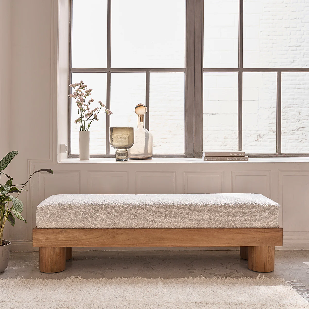 Banc en teck massif et tissu bouclette 140 cm