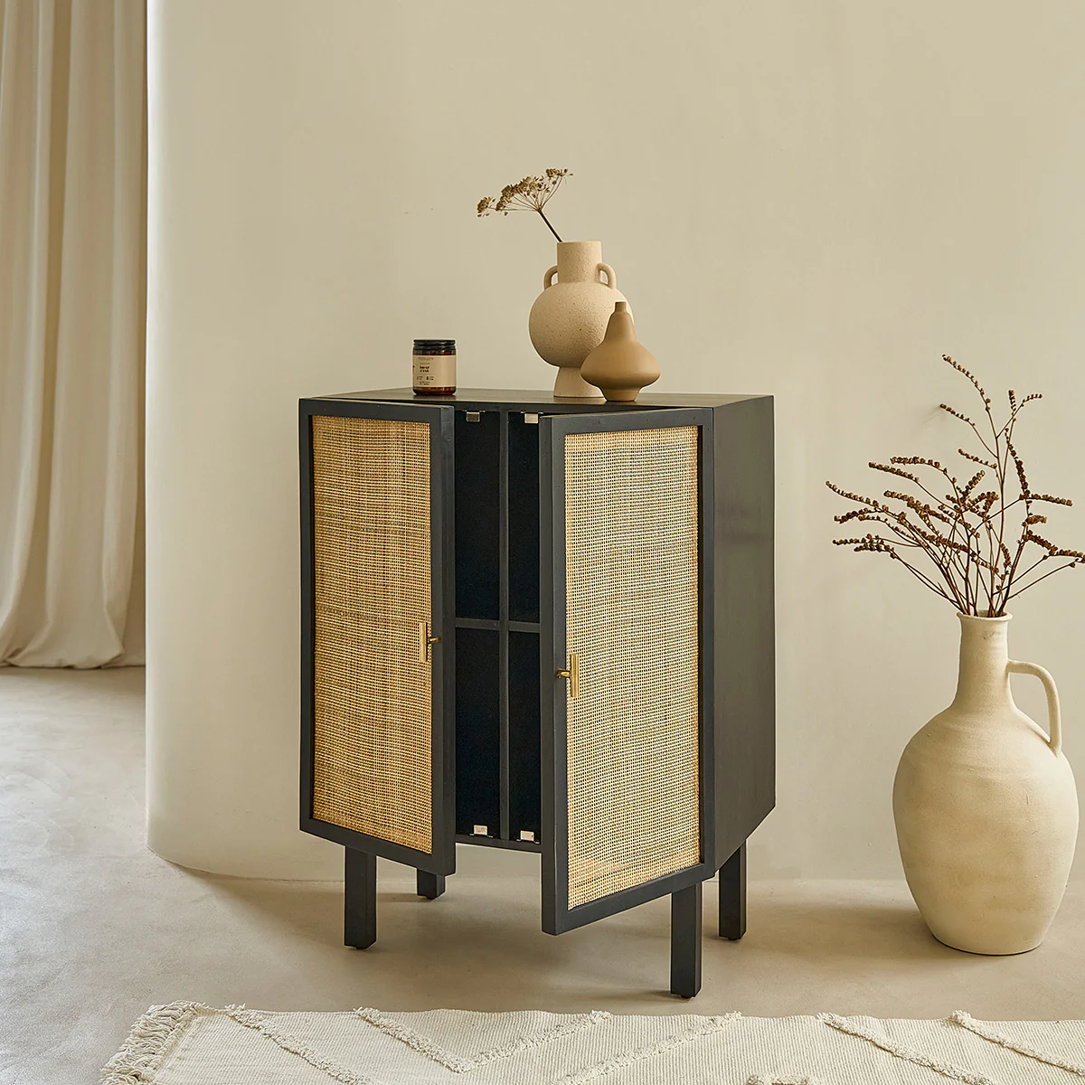 Buffet en manguier massif noir et cannage 68 cm - Image 4