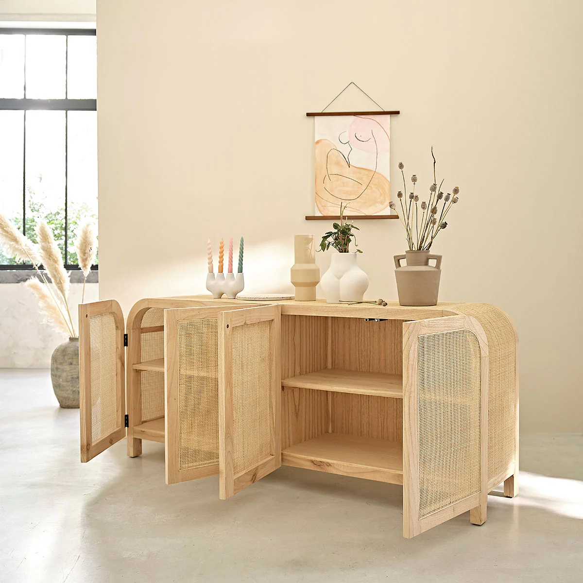 Buffet en mindi massif et cannage 190 cm - Image 3