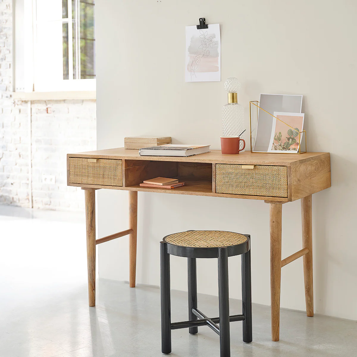 Bureau en manguier massif et cannage 120 cm - Image 3
