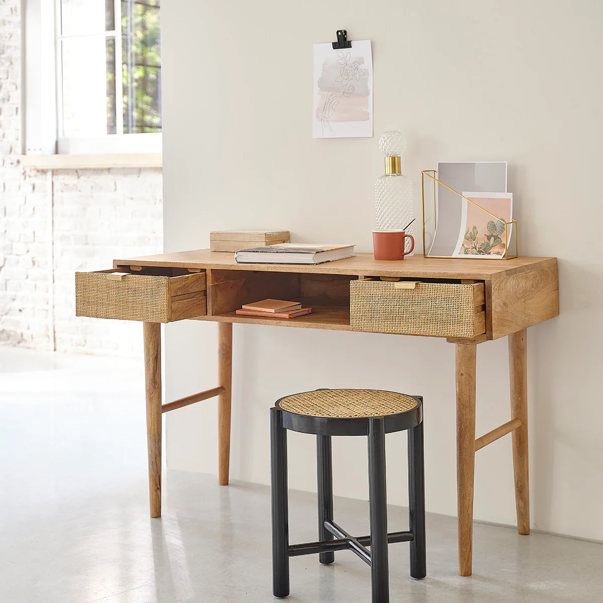 Bureau en manguier massif et cannage 120 cm - Image 4