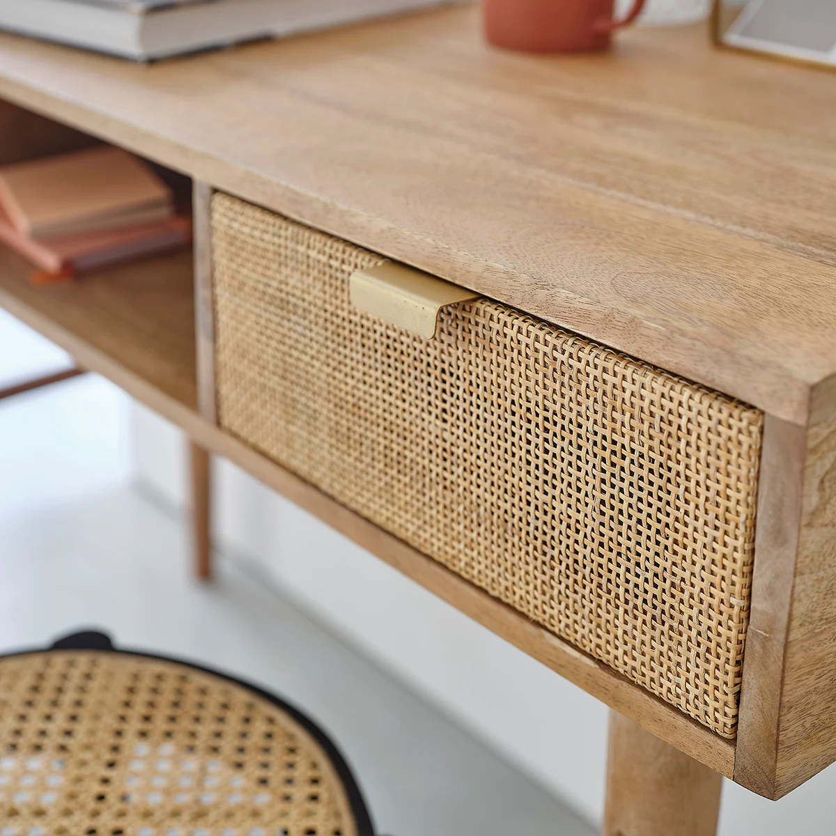 Bureau en manguier massif et cannage 120 cm - Image 6