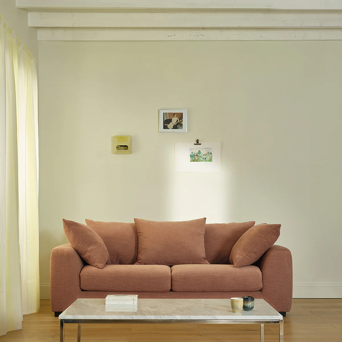 Canapé droit convertible 3 places en tissu effet lin terracotta