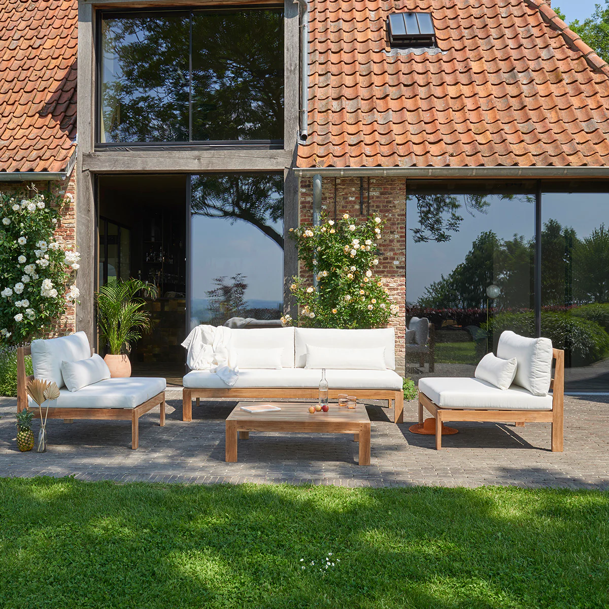 Canapé de jardin en teck massif blanc 3 places - Image 6
