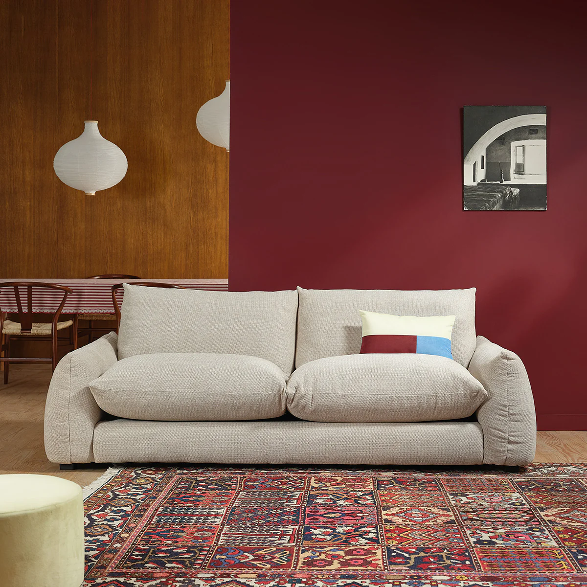 Canapé droit 3 places en tissu texturé beige chiné