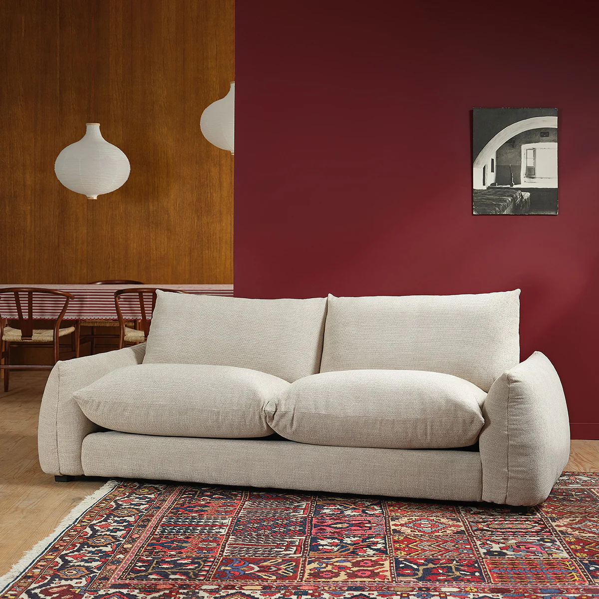 Canapé droit 3 places en tissu texturé beige chiné - Image 3