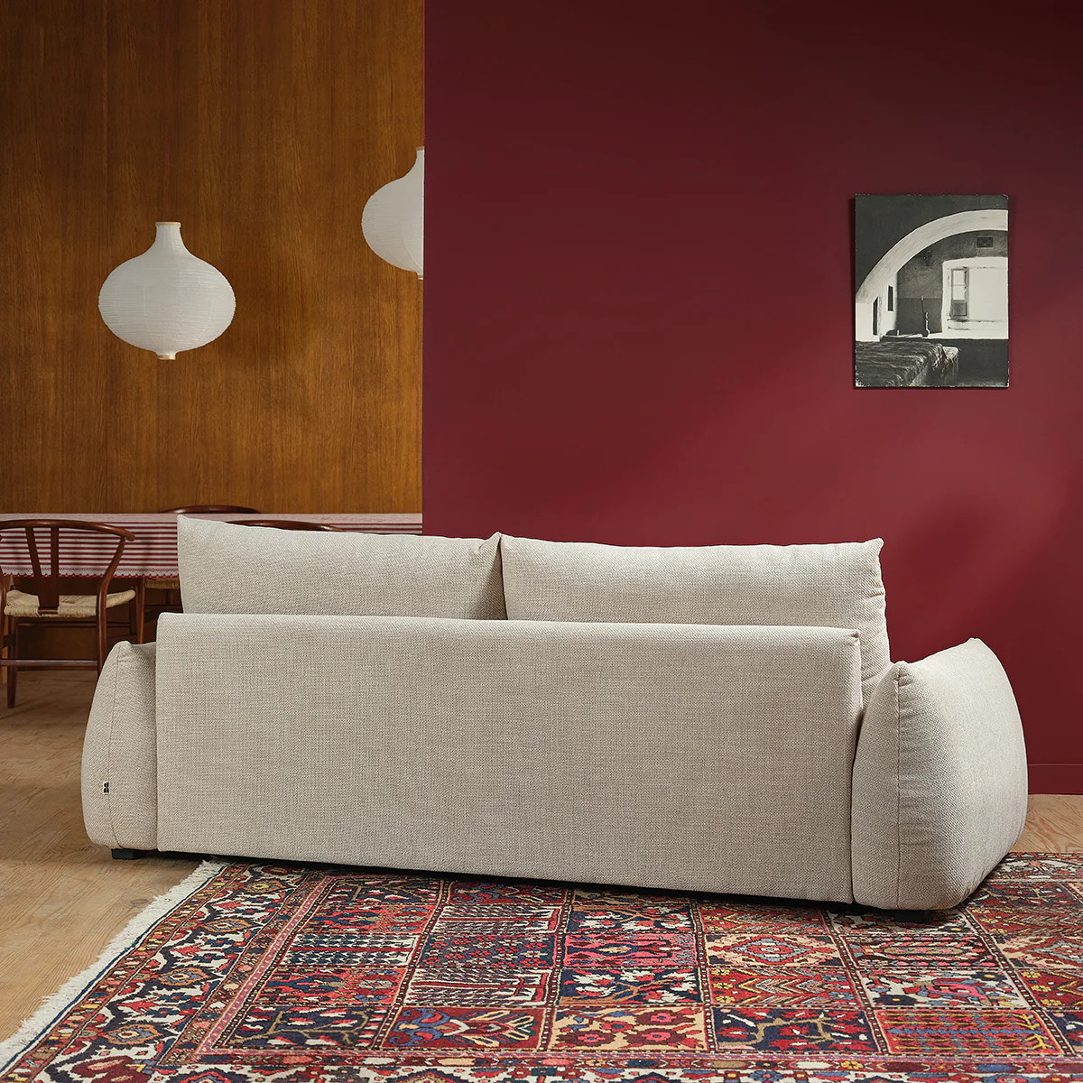 Canapé droit 3 places en tissu texturé beige chiné - Image 4