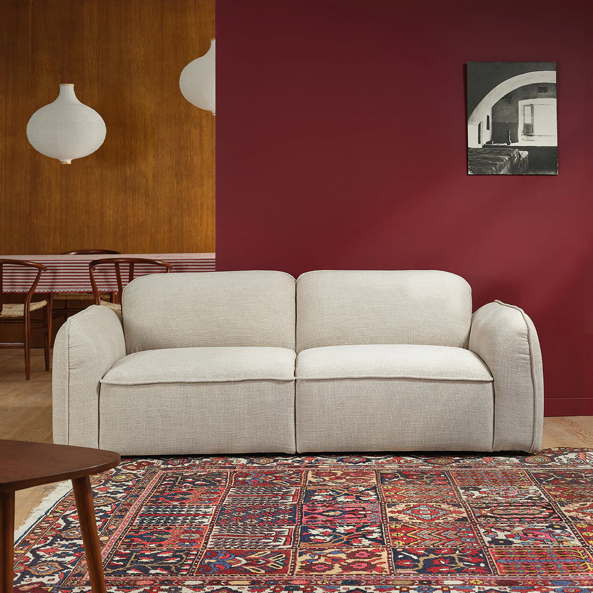 Canapé droit 3 places en tissu texturé beige chiné