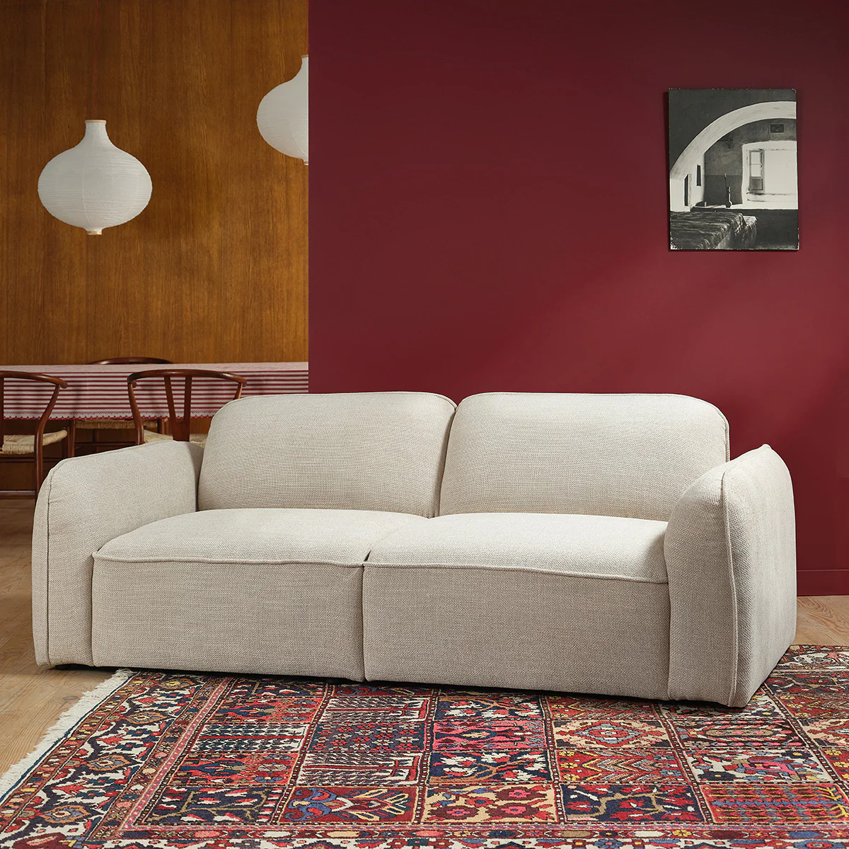 Canapé droit 3 places en tissu texturé beige chiné - Image 3