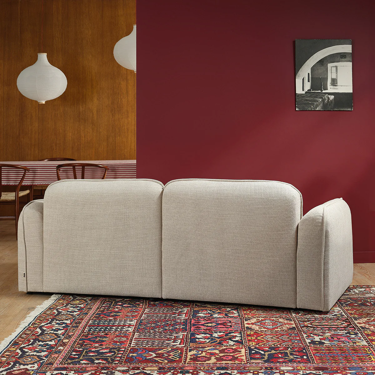Canapé droit 3 places en tissu texturé beige chiné - Image 4