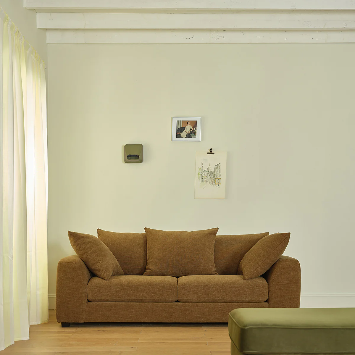 Canapé droit 3 places en tissu effet lin bronze