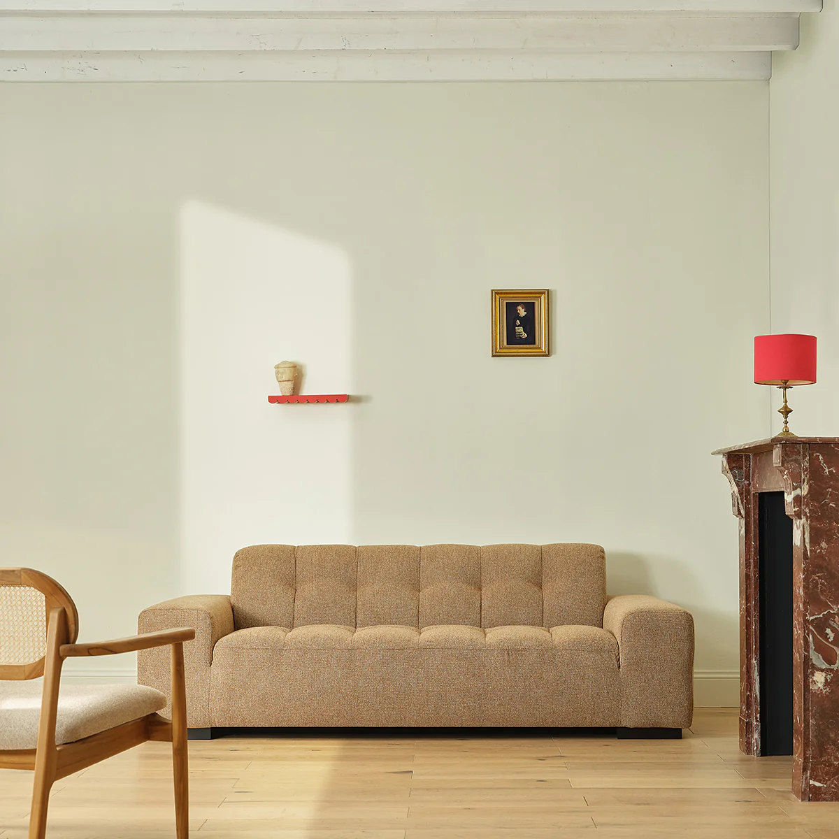 Canapé droit 3 places en tissu texturé marron clair chiné