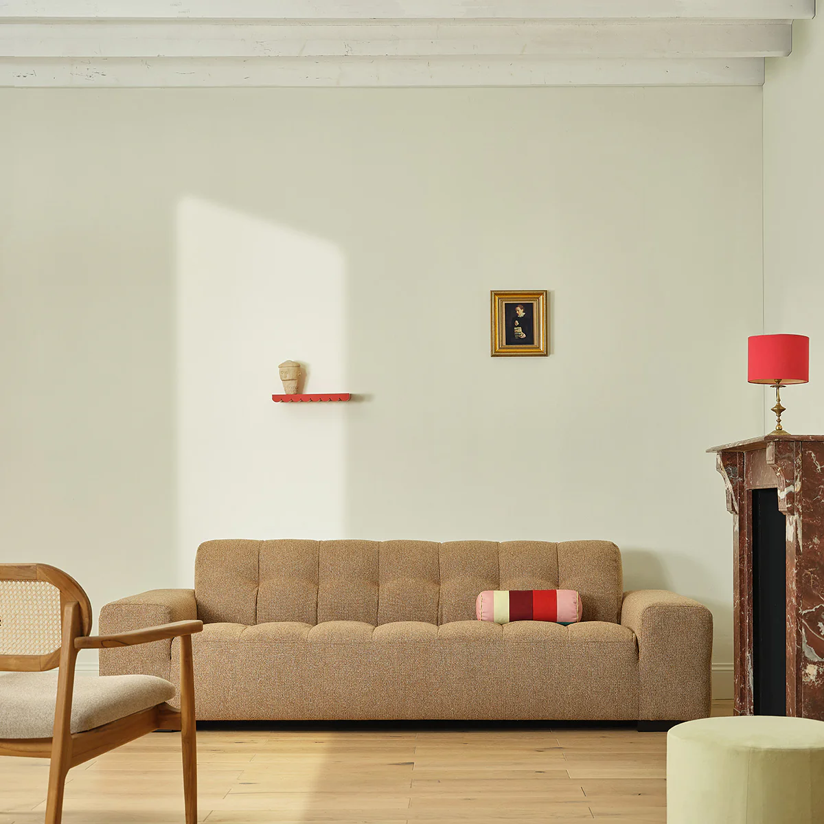 Canapé droit 4 places en tissu texturé marron clair chiné