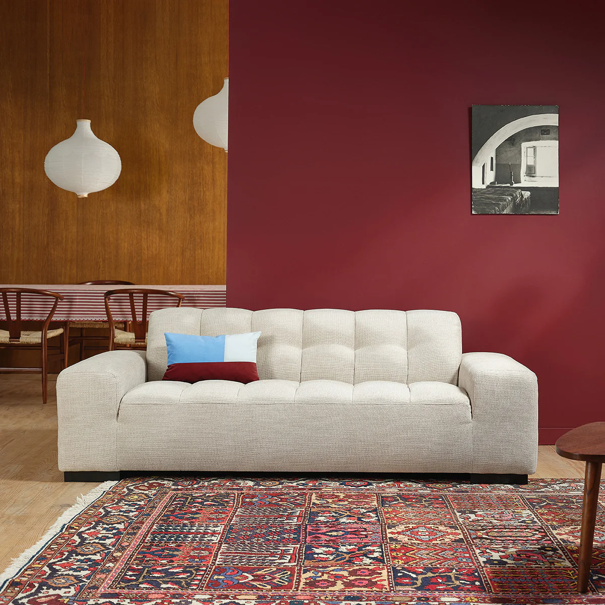 Canapé droit 3 places en tissu texturé beige chiné