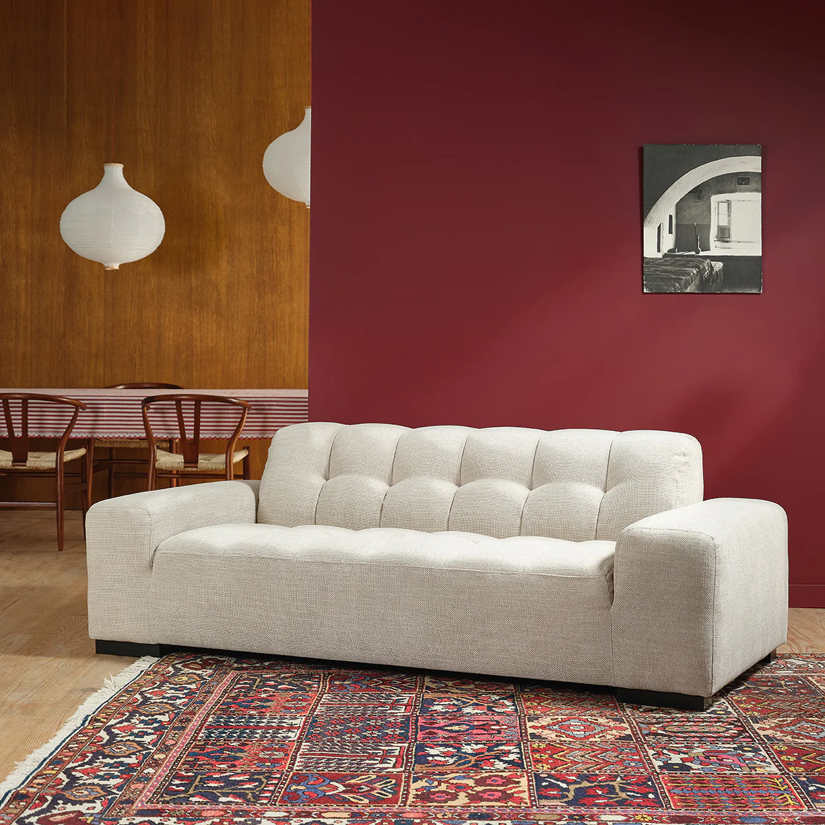 Canapé droit 3 places en tissu texturé beige chiné - Image 3