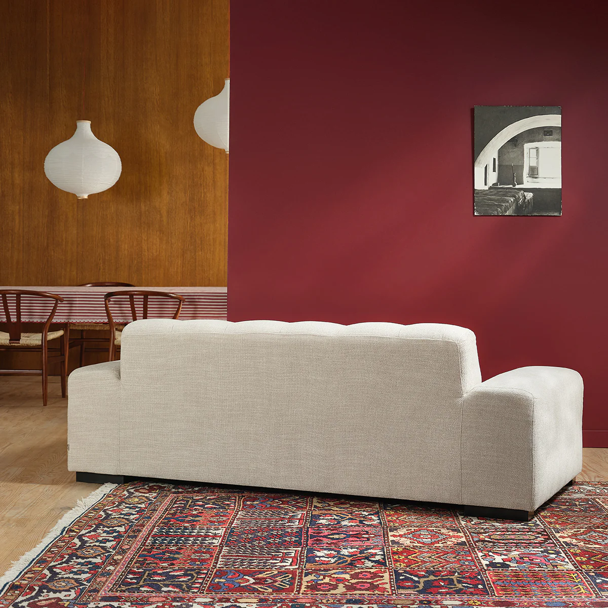 Canapé droit 3 places en tissu texturé beige chiné - Image 4