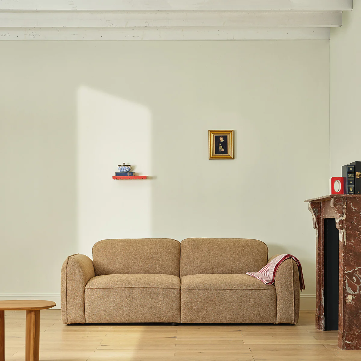 Canapé droit 3 places en tissu texturé marron clair chiné