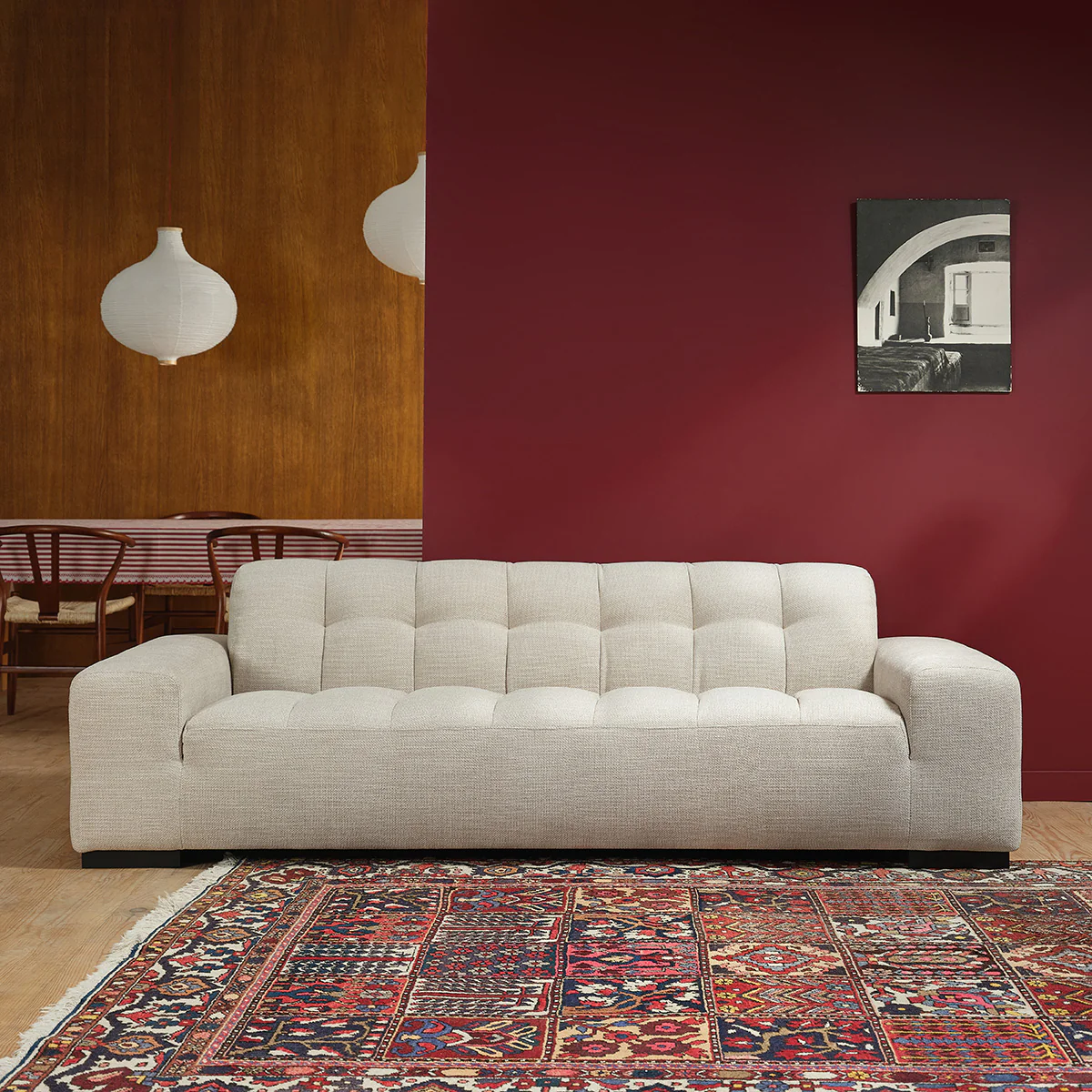 Canapé droit 4 places en tissu texturé beige chiné