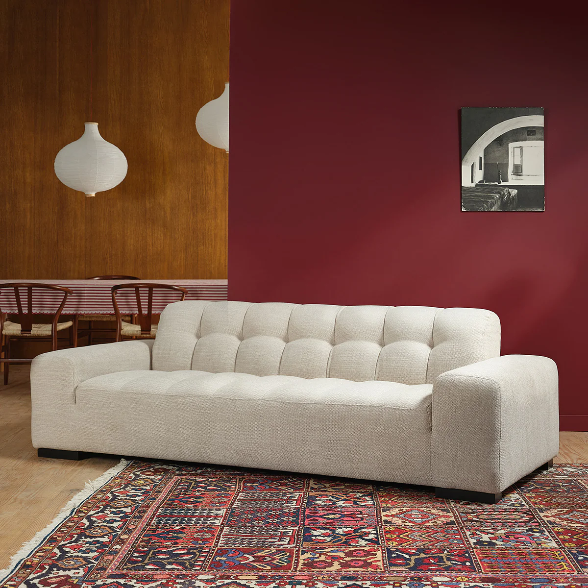 Canapé droit 4 places en tissu texturé beige chiné - Image 3