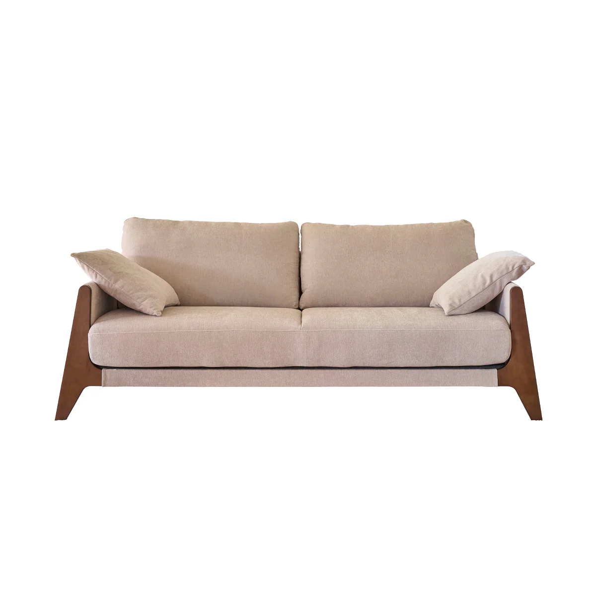 Canapé droit 3 places en bois massif et velours beige chiné - Image 2
