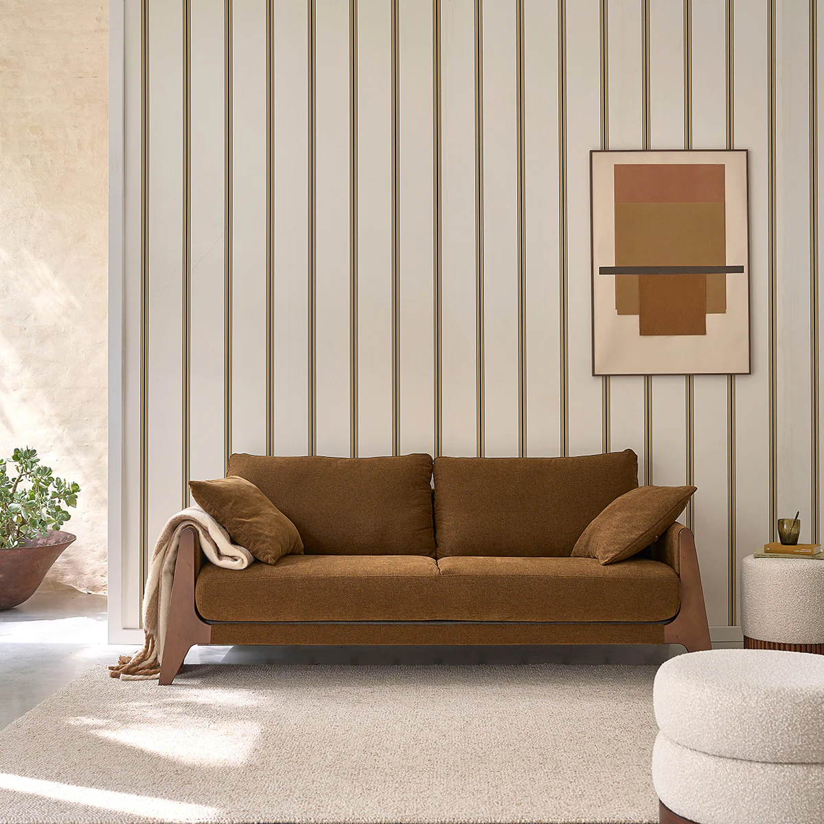 Canapé droit 3 places en bois massif et tissu velours bronze