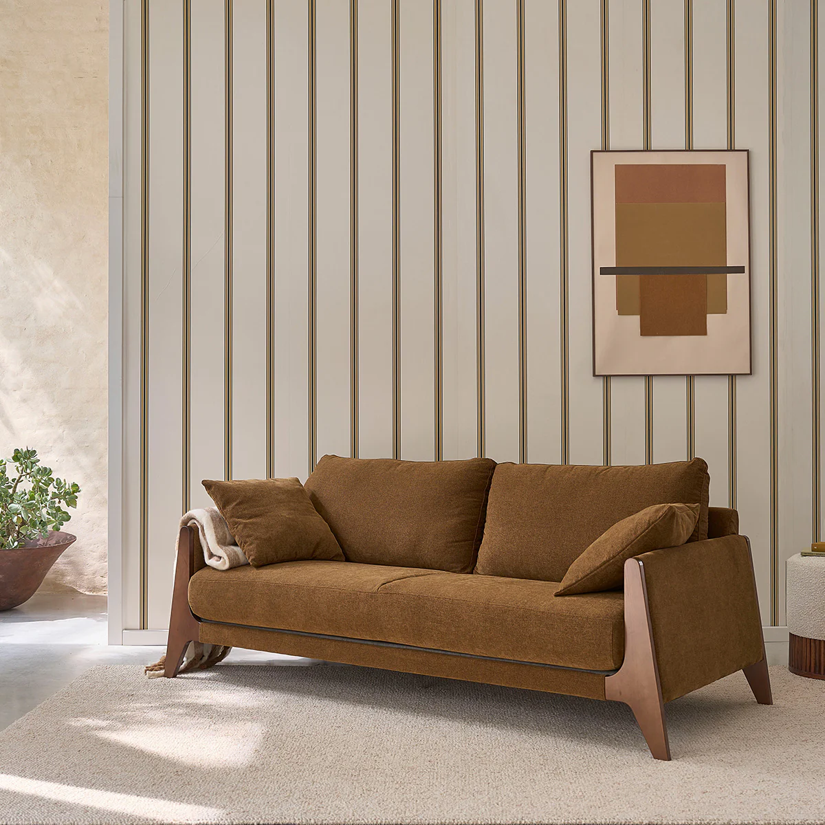 Canapé droit 3 places en bois massif et tissu velours bronze - Image 3