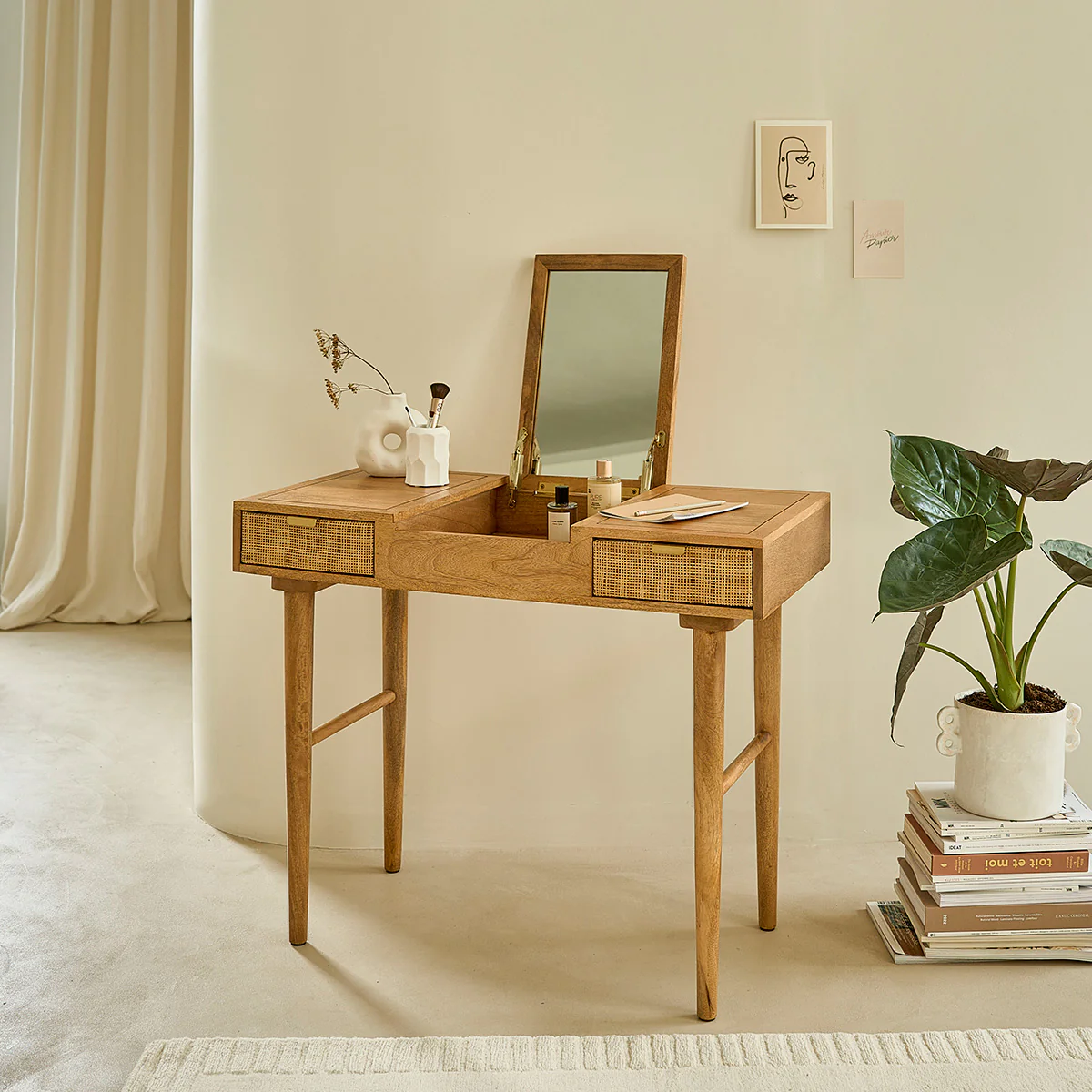 Coiffeuse en manguier massif et cannage 90 cm - Image 3
