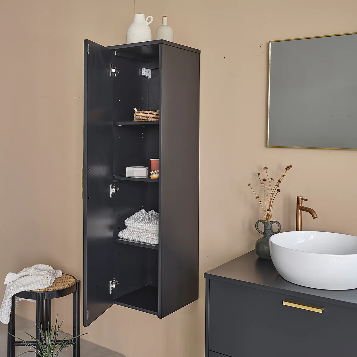 Colonne de salle de bain noire en bois d'acacia 130 cm - Image 3
