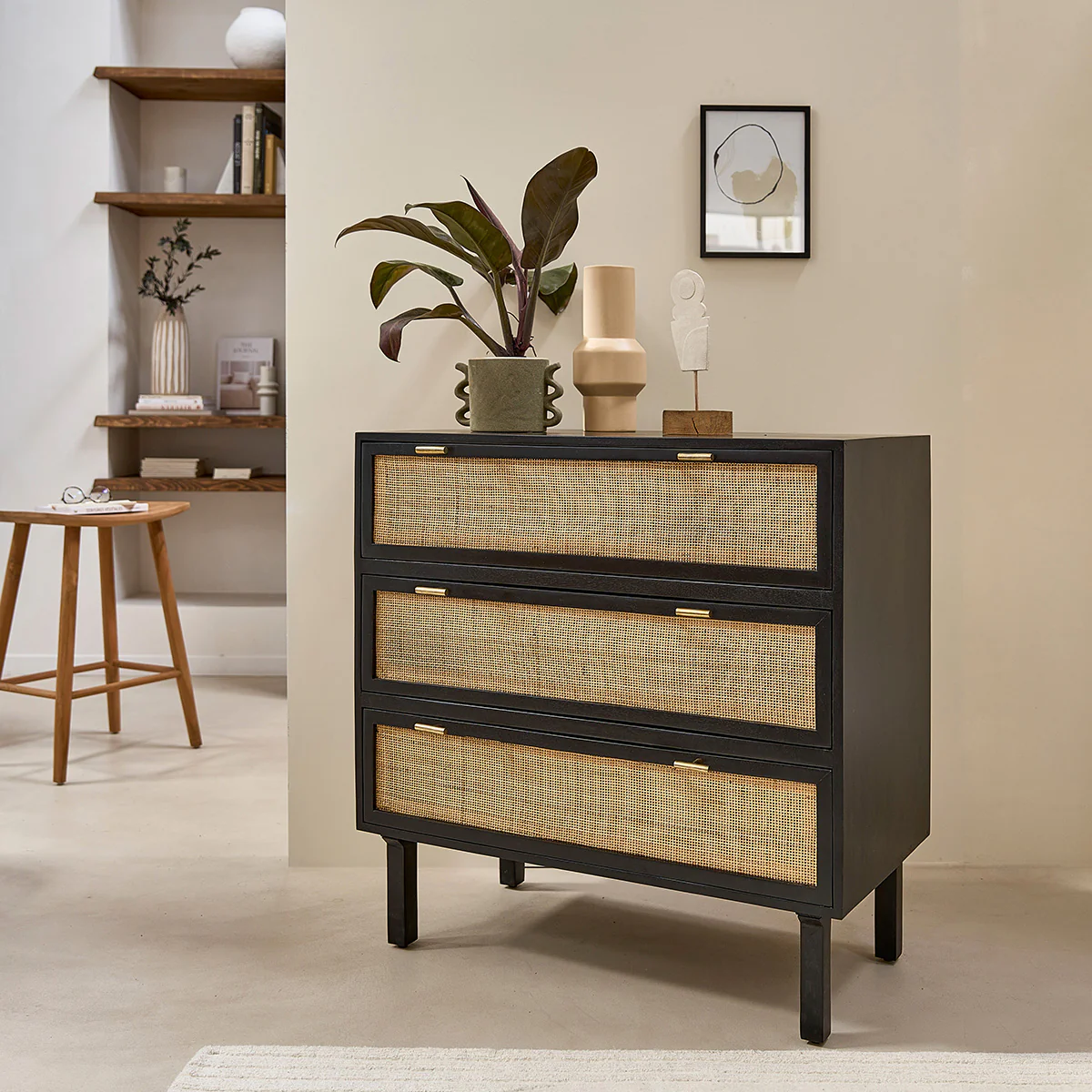 Commode en manguier massif et cannage noire 90 cm - Image 3