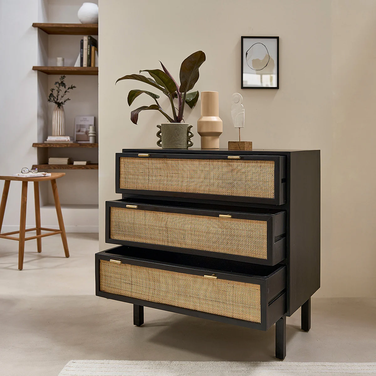 Commode en manguier massif et cannage noire 90 cm - Image 4