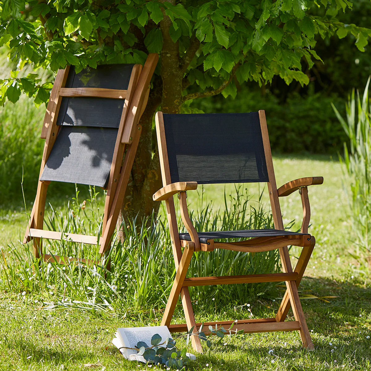 Fauteuil de jardin en acacia massif et textilène noir - Image 3