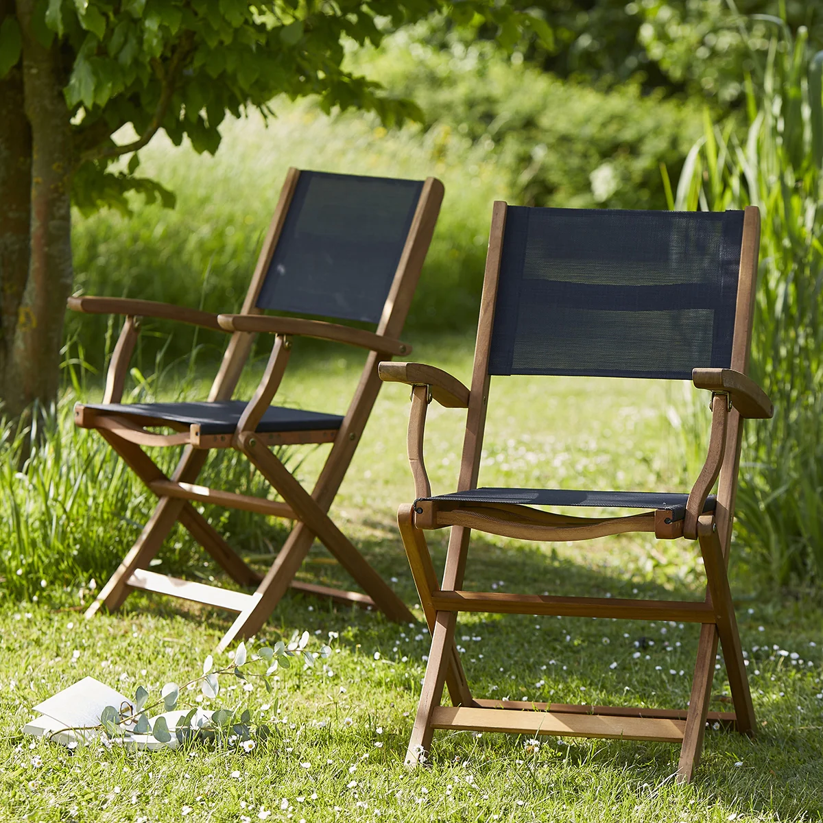 Fauteuil en acacia massif et textilène noir (lot de 2) - Image 3