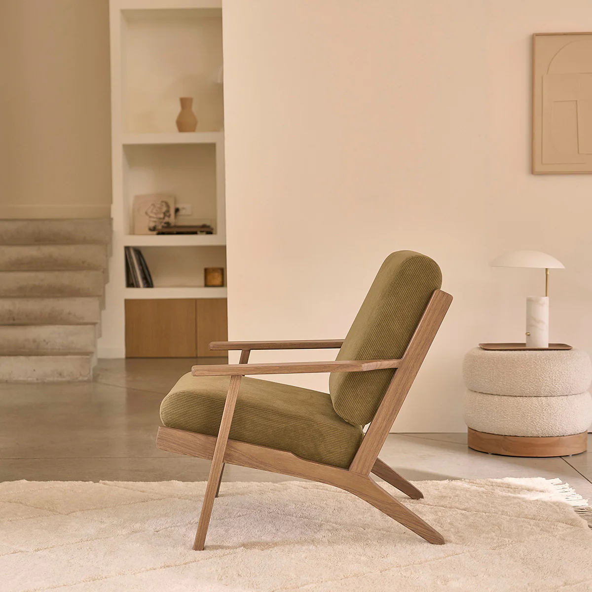 Fauteuil en mindi massif foncé et velours côtelé vert - Image 3