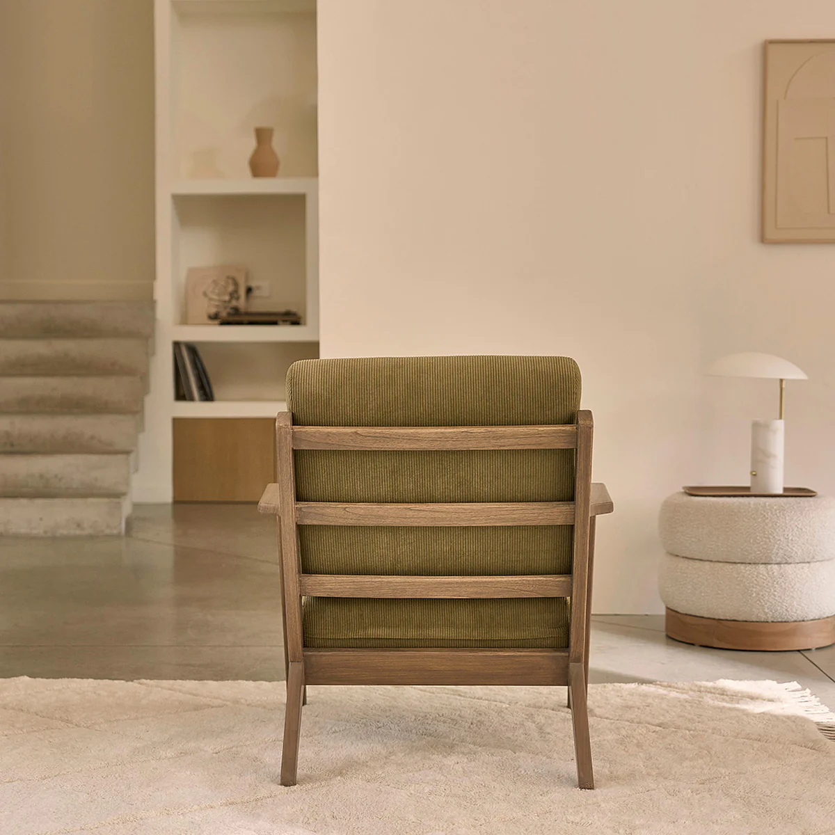 Fauteuil en mindi massif foncé et velours côtelé vert - Image 4