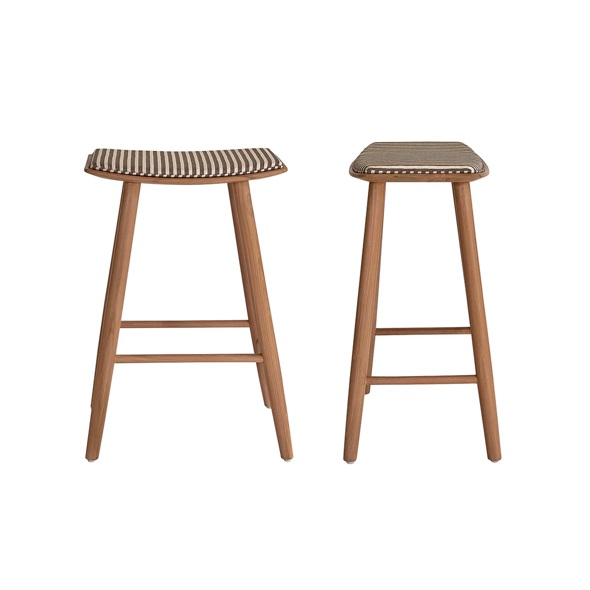 Lot de 2 tabourets de bar en teck massif et assise à rayures 65 cm - Image 2