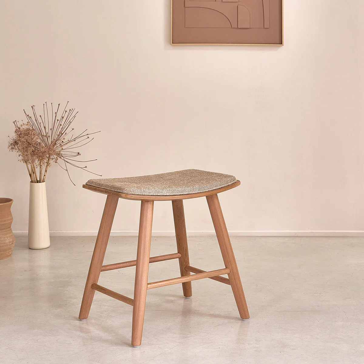 Lot de 2 tabourets de bar en teck massif et velours grège 45 cm - Image 3