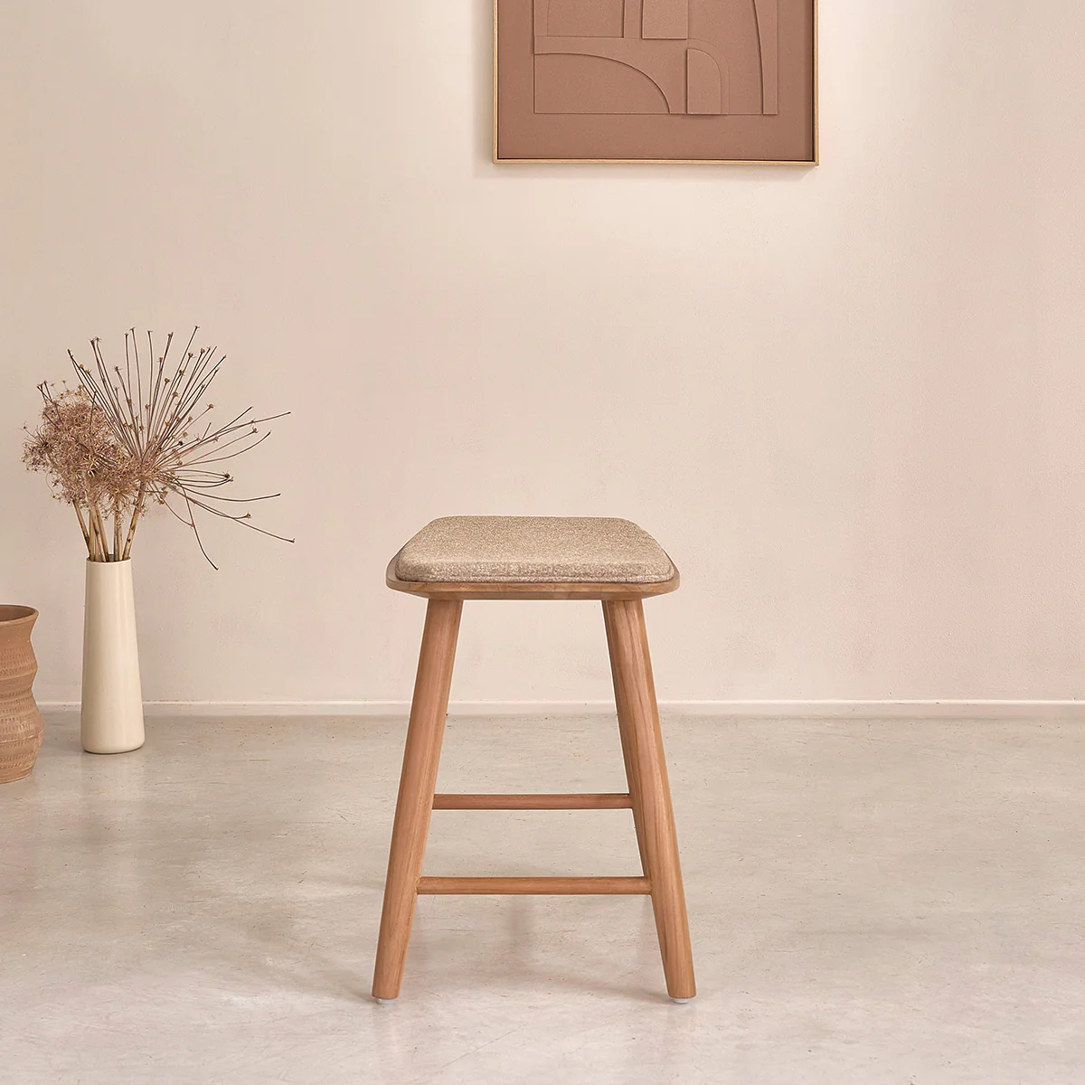 Lot de 2 tabourets de bar en teck massif et velours grège 45 cm - Image 4