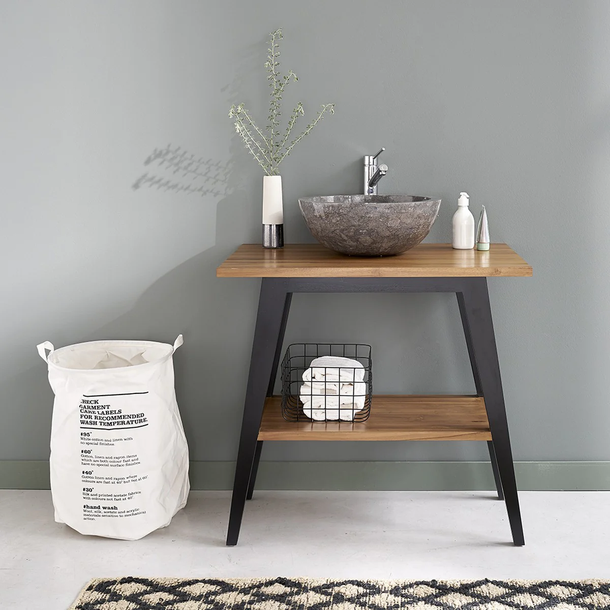 Meuble de salle de bain en teck massif pieds noirs 80 cm - Image 3