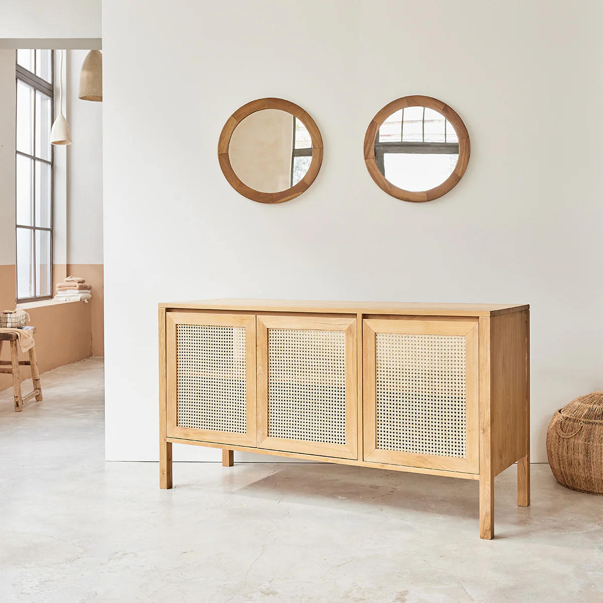 Meuble sous vasque en teck massif et cannage 145 cm - Image 3