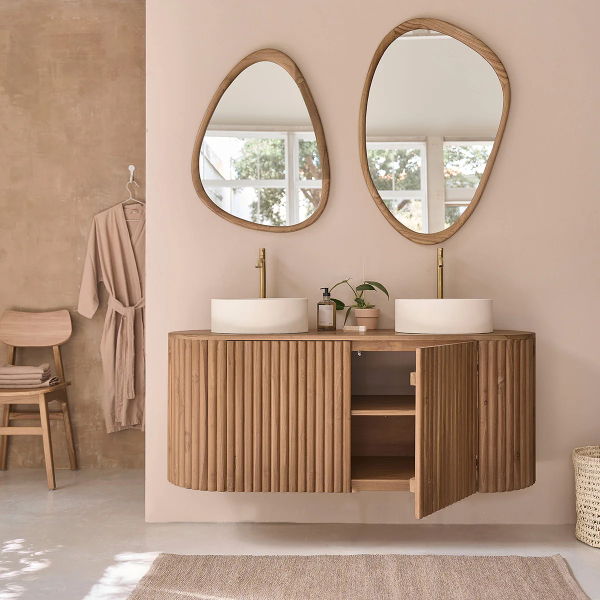 Meuble de salle de bain en teck massif suspendu 140 cm - Image 3