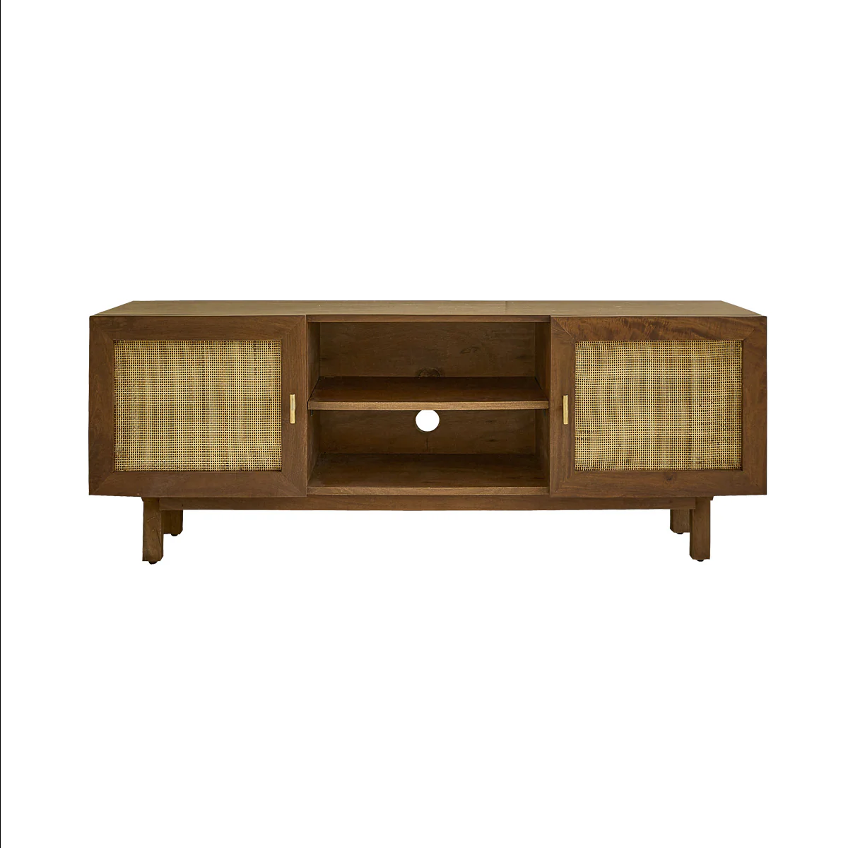Meuble TV en manguier massif finition noyer et cannage 140 cm - Image 2
