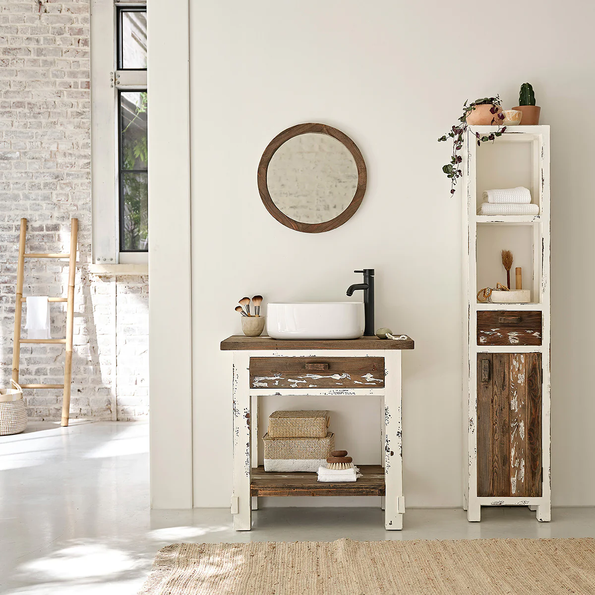Miroir en bois recyclé massif rond Ø 50 cm - Image 5