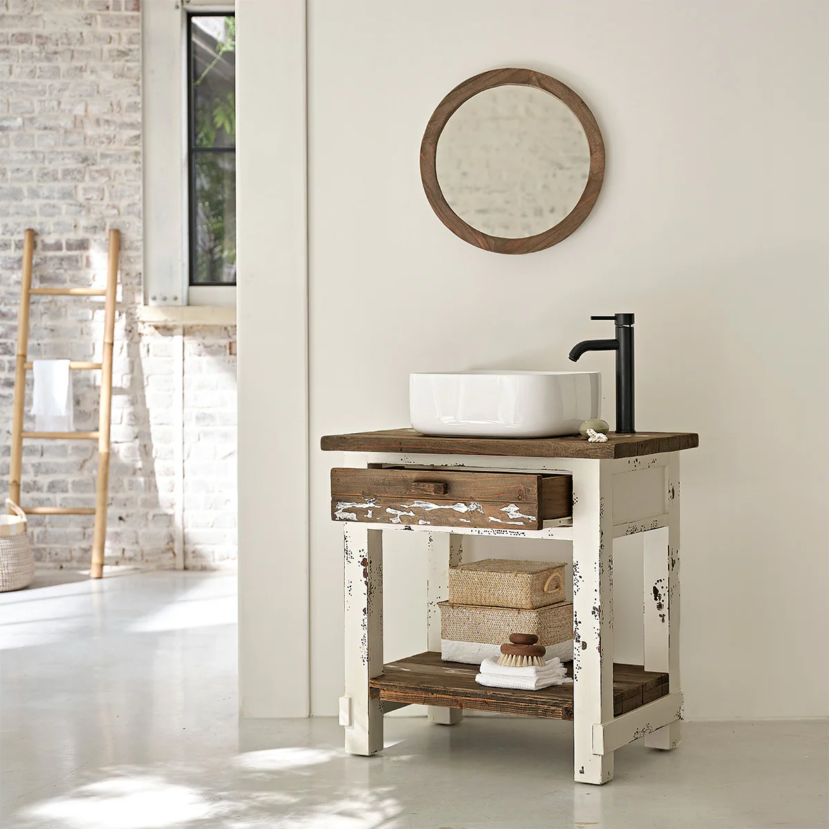 Miroir en bois recyclé massif rond Ø 50 cm - Image 6