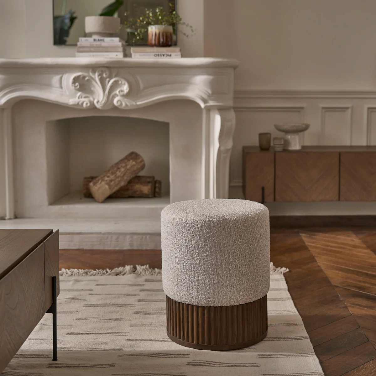 Pouf en mindi massif et tissu bouclette blanc Ø38 cm