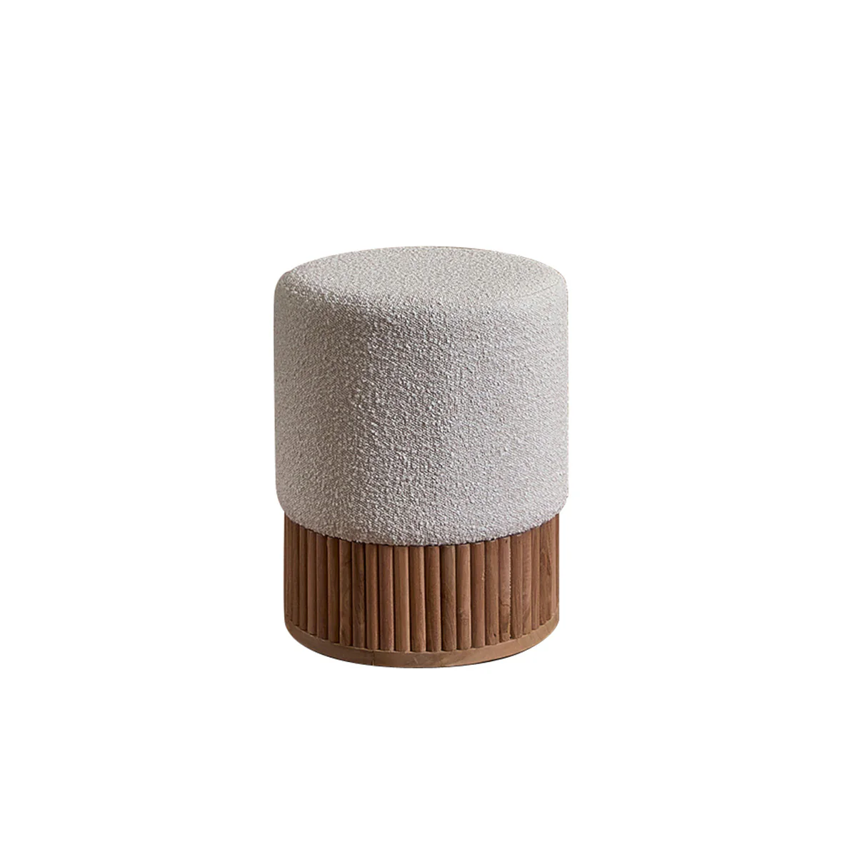 Pouf en teck massif et tissu bouclette blanc Ø38 cm - Image 2