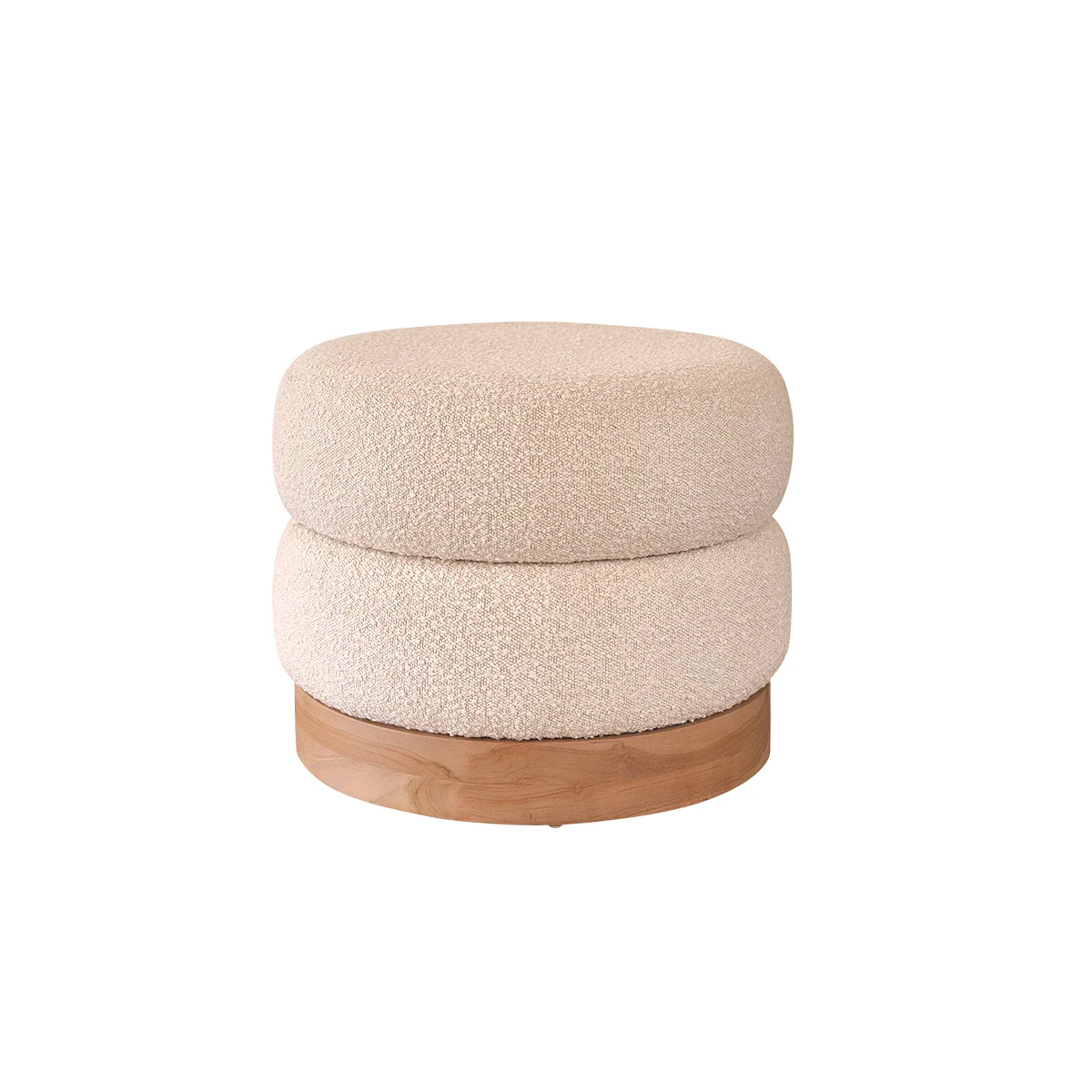 Pouf en teck massif et tissu bouclette blanc Ø55 cm - Image 2