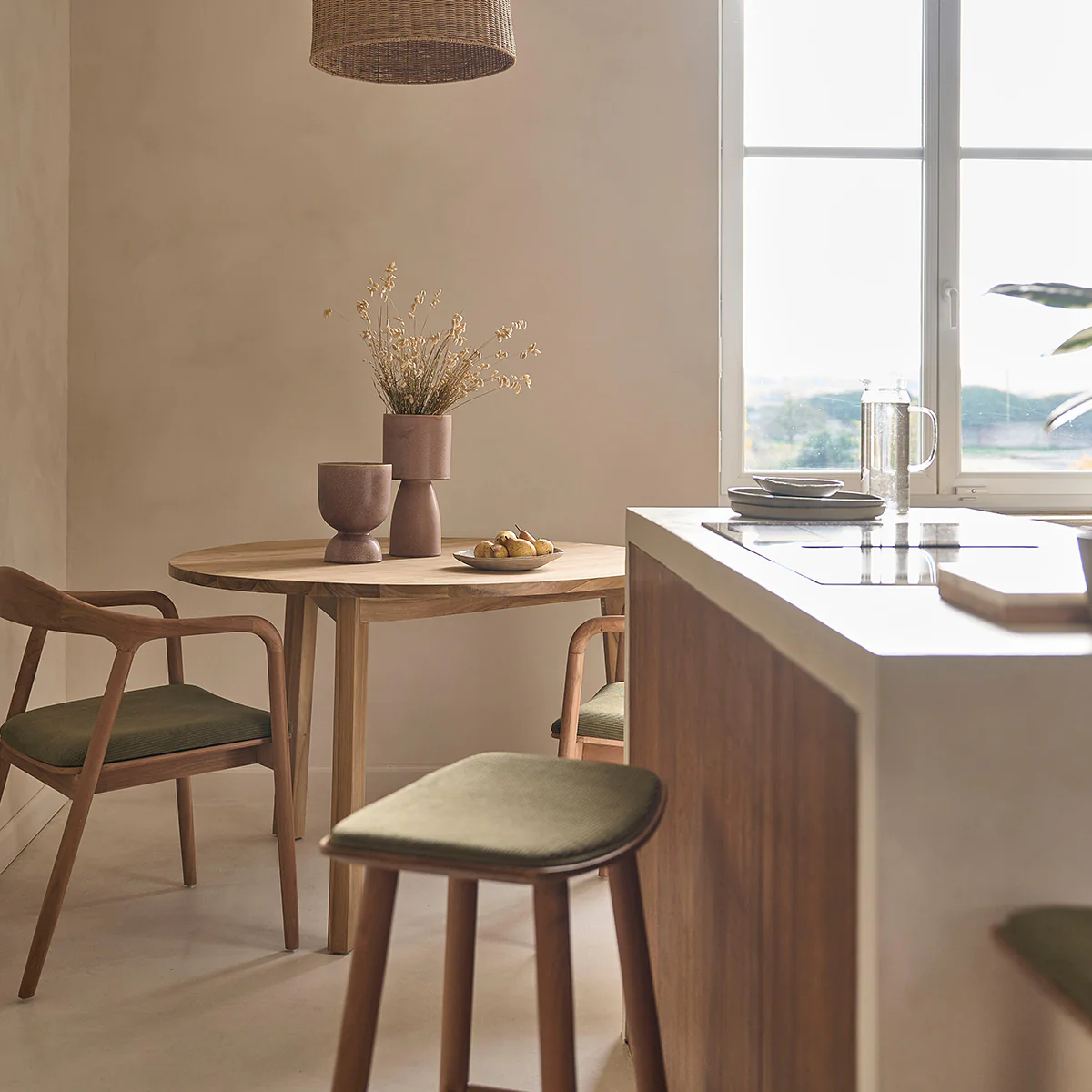 Tabouret de bar en teck massif assise velours cotelé 65 cm - Image 9