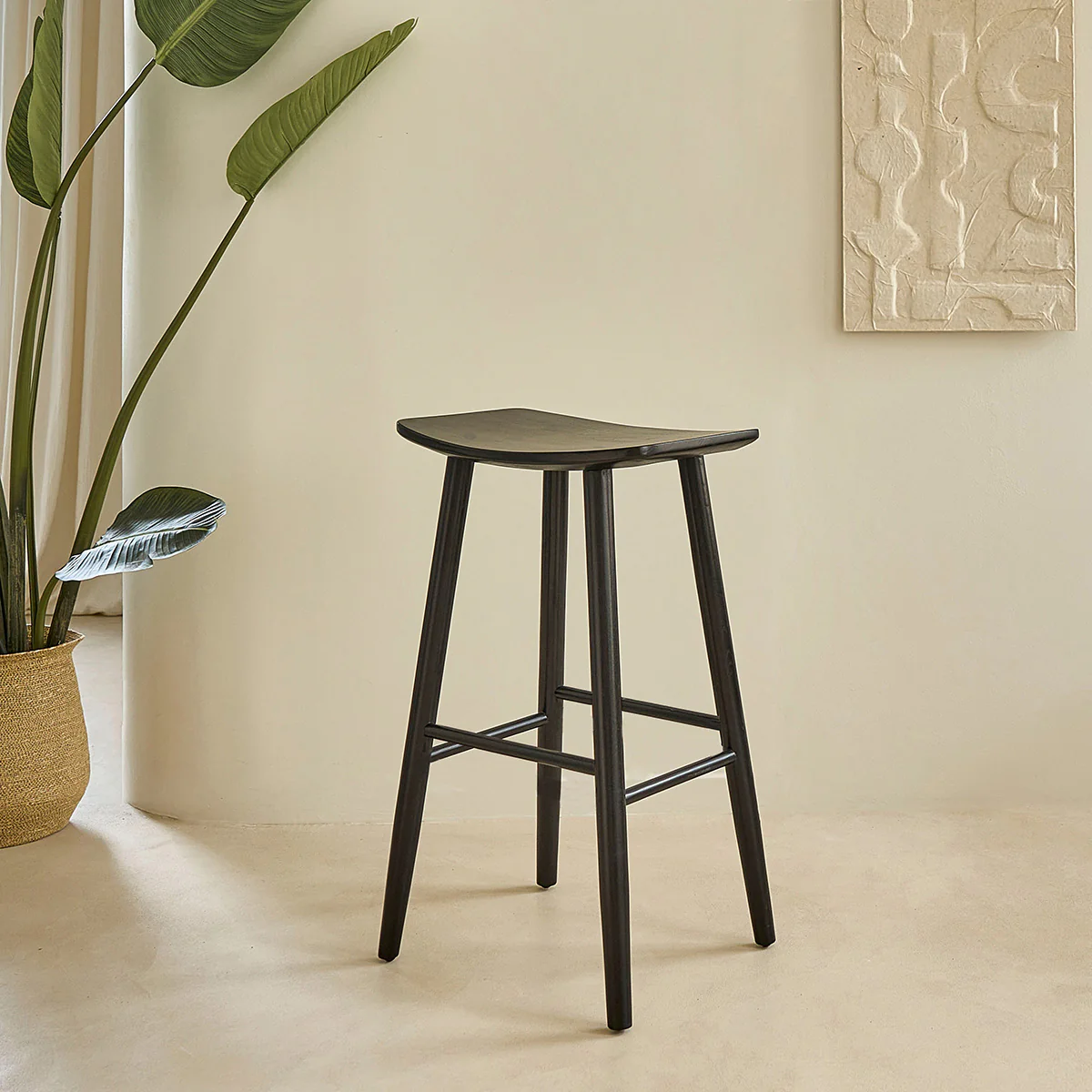 Tabouret de bar en teck massif noir 75 cm - Image 3