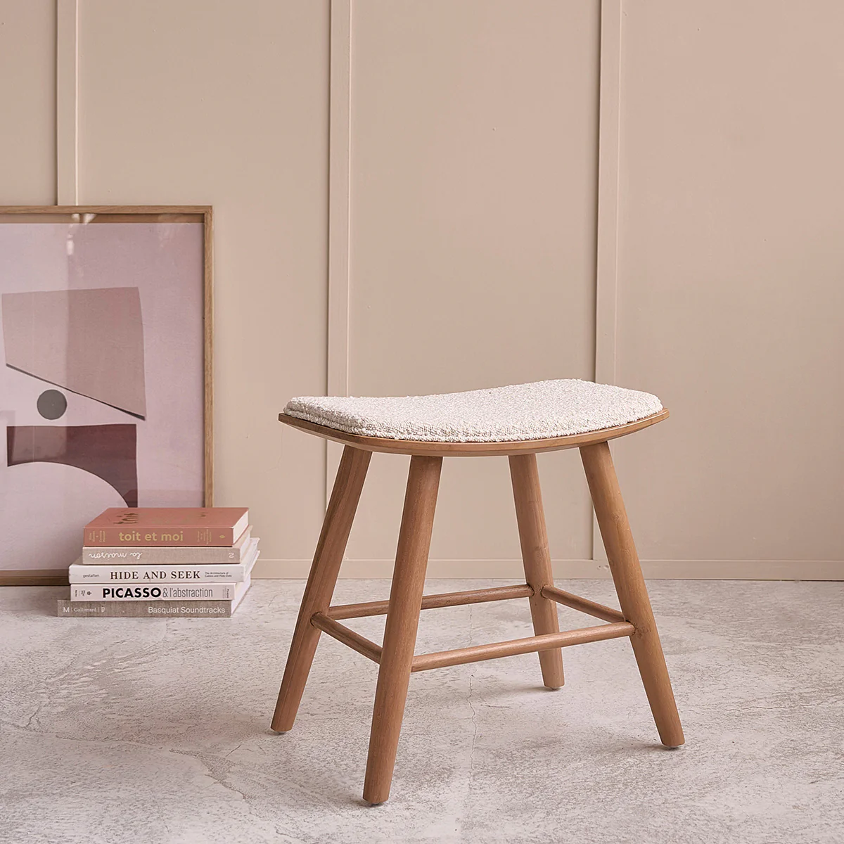 Lot de 2 tabourets de bar en teck massif et tissu bouclette 45 cm - Image 3